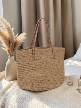 J. Crew Woven Straw Shoulder Bag Brown Leather Straps OS